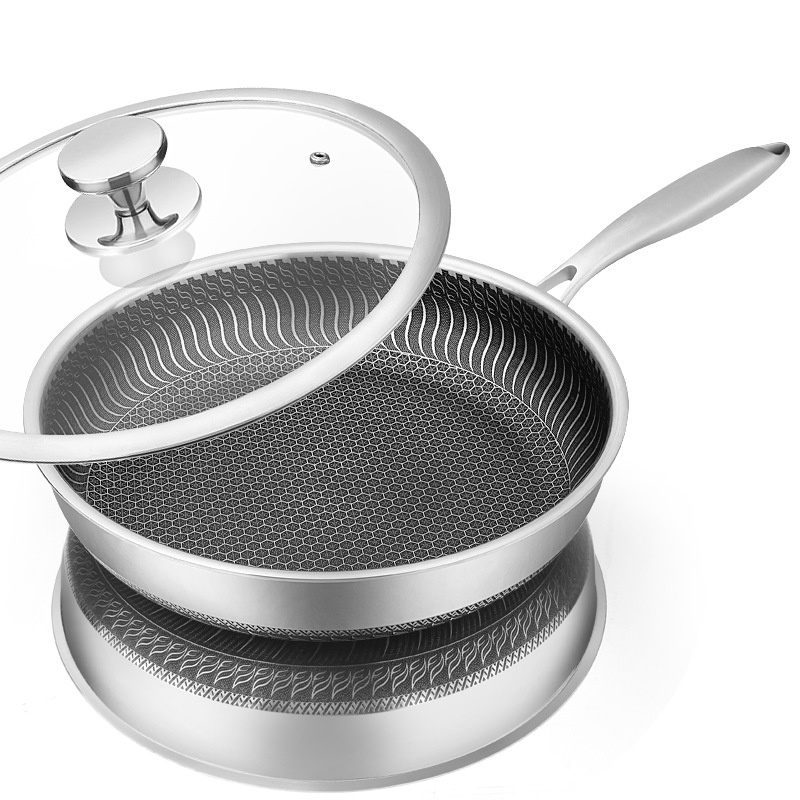 Crepe Pan Nonstick - LMETJMA ステンレス鋼フライパンテフロン加工ハニカムフライパン蓋付き誘導セラミック電気ガスコンロ互換 KC0480