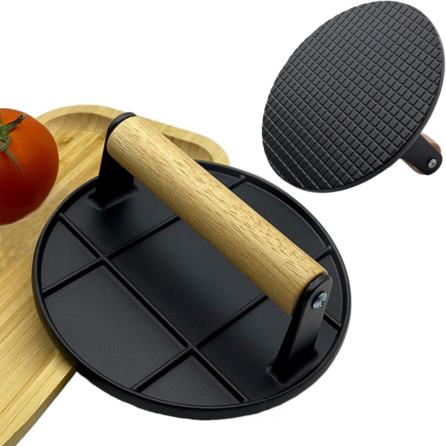 Crepe Pan Nonstick - 木製ハンドル付きスマッシュバーガー プレス、グリドル、サンドイッチ、ノンスティックパン用（丸型 6.29インチ * 6.29インチ）