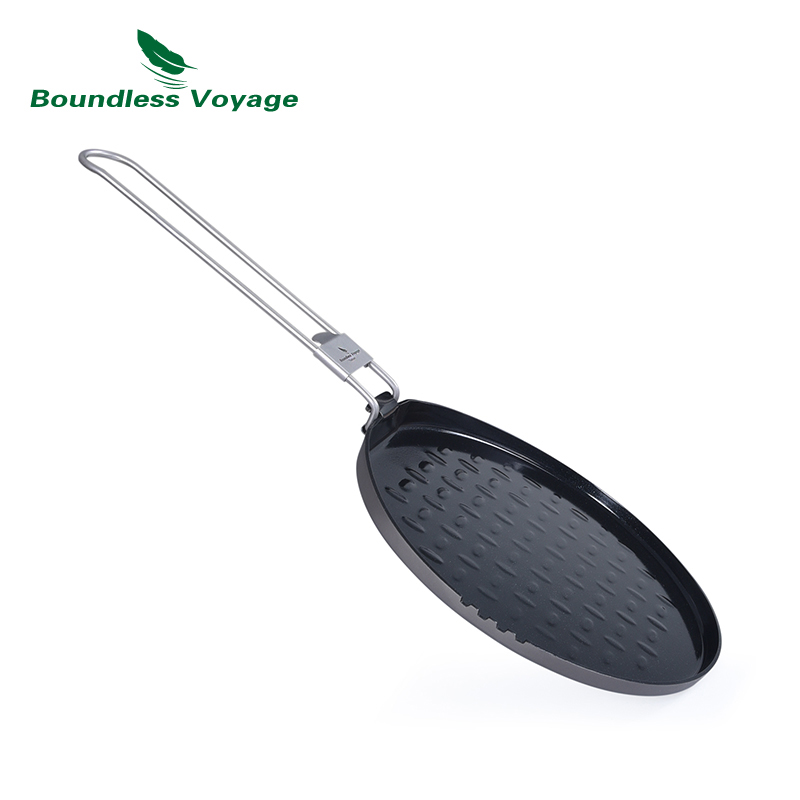 Crepe Pan Nonstick - 折りたたみハンドル付きの再利用可能な登山用チタン鍋屋外キャンプピクニックハイキングバーベキューフライパンti2064c